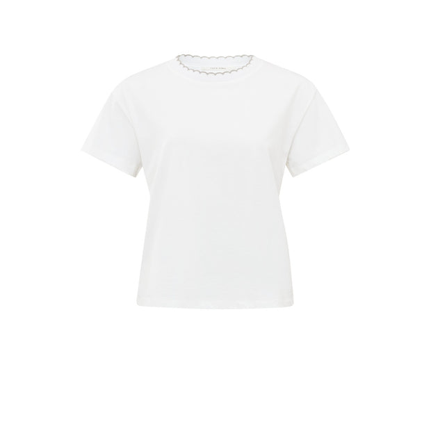 White T-shirt crafted from 100% cotton designed in a regular fit. Styled with a frilled round neck and short sleeves