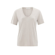 Beige T-shirt made from a comfortable modal blend, styled with a rounded V-neck and short sleeves.