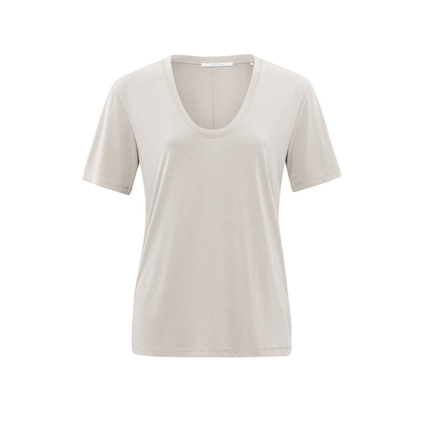 Beige T-shirt made from a comfortable modal blend, styled with a rounded V-neck and short sleeves.