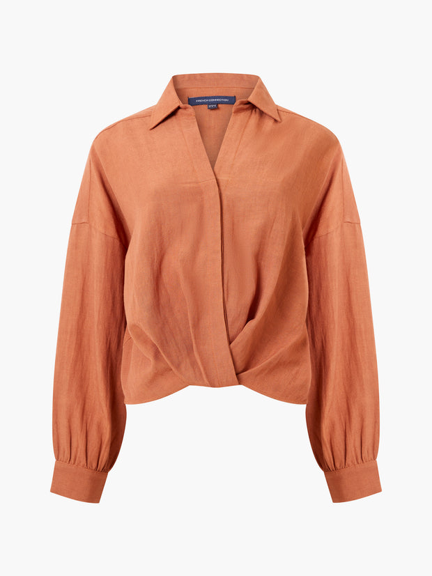 ARIETTE LINEN BLEND TUCK SHIRT - COFFEE BROWN