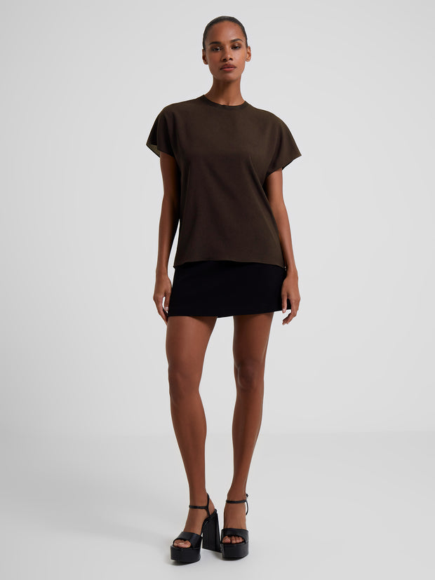 model wearing Crepe Light Crew Neck Top in Chocolate Ganache