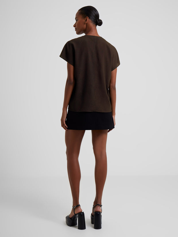model wearing Crepe Light Crew Neck Top in Chocolate Ganache showing back detail