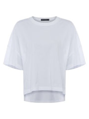 Tally Crew Neck Top, plain linen white tee with short sleeves and crew neckline, with a hi low hemline. French Connection