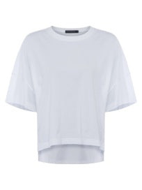Tally Crew Neck Top, plain linen white tee with short sleeves and crew neckline, with a hi low hemline. French Connection