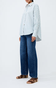 model wearing Rhodes Poplin Stripe Shirt - from victoria shop