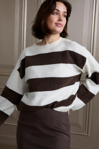 Oversized Striped Sweater in Brown and White