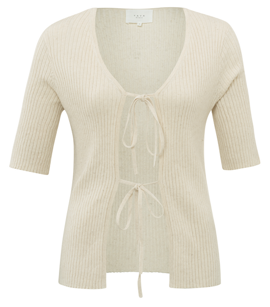 Rib Knit Cardigan with Half Sleeves and Bow Detail