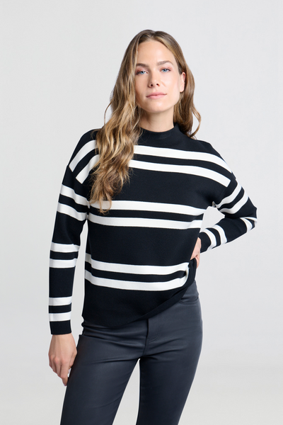 model wearing black and white Turtleneck Jumper with Wide Stripes