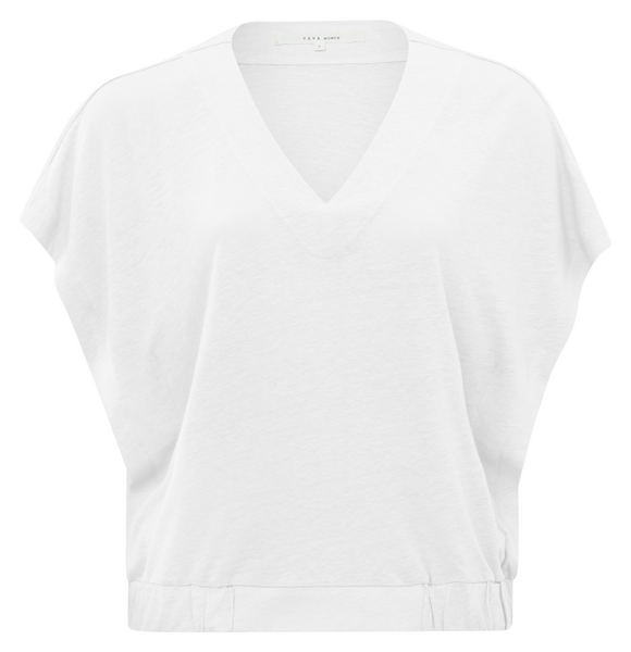 Sleeveless linen top with v neck and elastic waistband