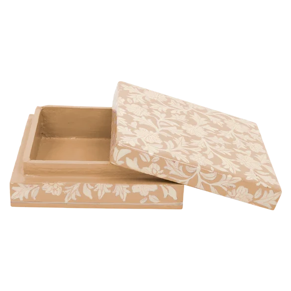 square box in Sand floral print is handmade from paper mache. 