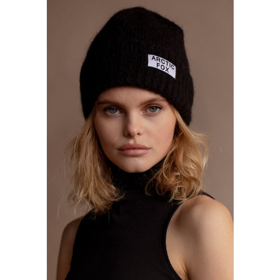 model wearing Mohair Beanie Hat - Midnight Black