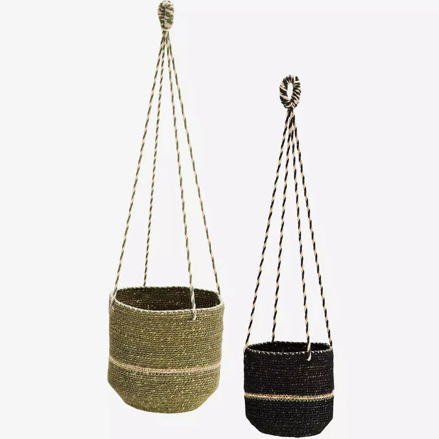 Hanging seasgrass baskets in olive, black and natural