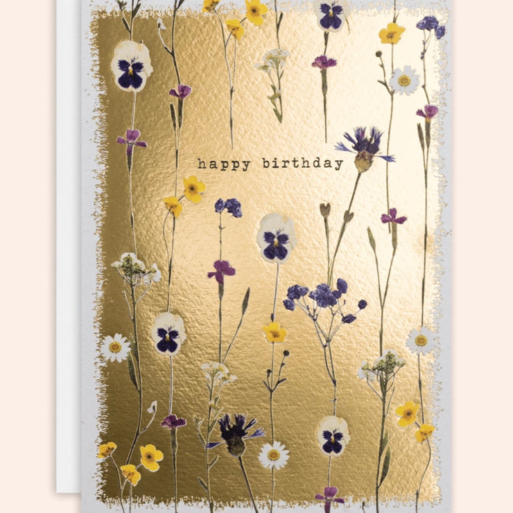 'Happy Birthday’ Pressed Flower Gold Foil Greeting Card