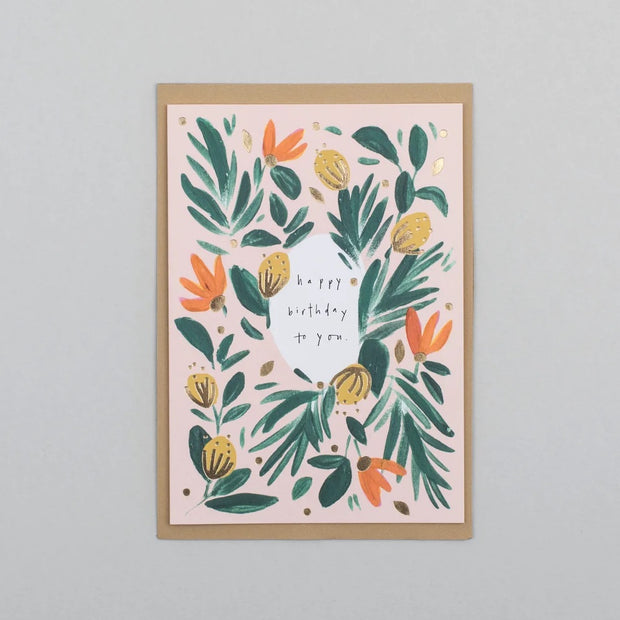 A6 card with a flora and leaf spray and gold details From Victoria shop