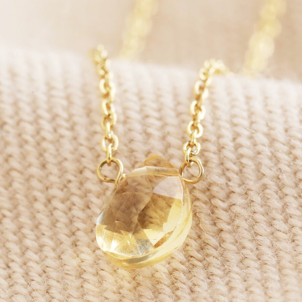 Semi-Precious Citrine Stone Teardrop Pendant Necklace in Gold