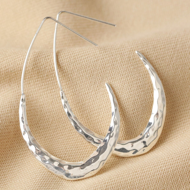 E052 Hammered Teardrop Hoop Earrings in Silver