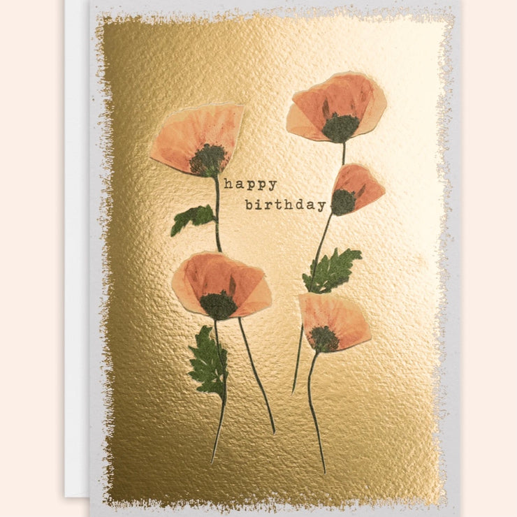 'Happy Birthday’ Poppy Pressed Flower Gold Foil Greeting Card